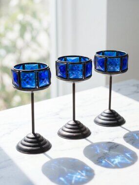 Vintage Set of 3 Long Stem Copper Metal Blue Tealight Candle Holders Home Decor